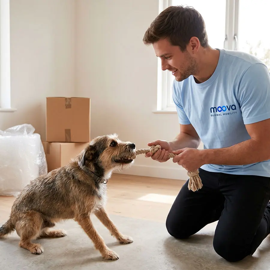 MOOVA professional playing with a dog during pet relocation preparations