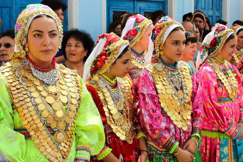 Women in traditional festive dress during the Dormition celebration in Olympos, Karpathos