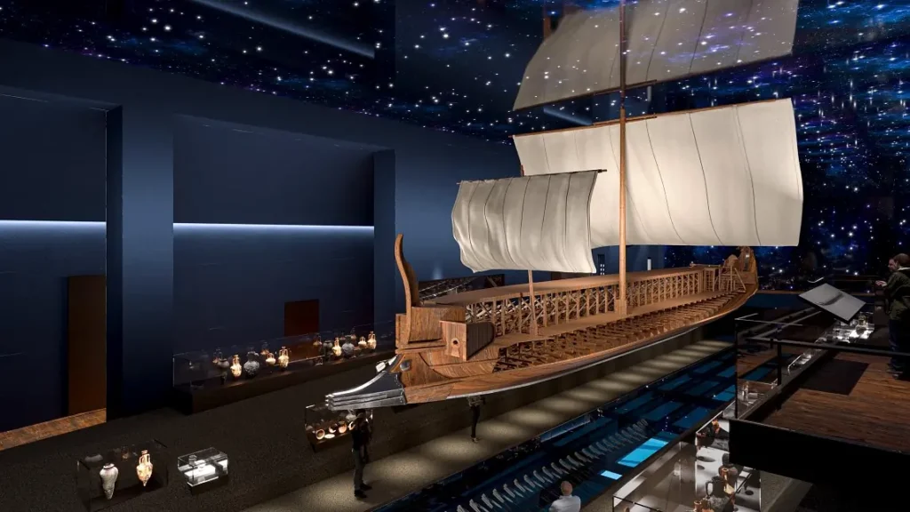 Visualisation of a suspended trireme inside the National Museum of Underwater Antiquities in Piraeus