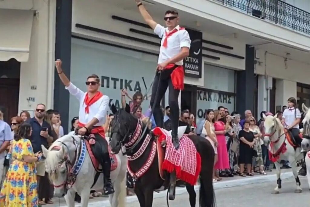 Siatista riders parading on decorated horses during the 15 August celebration