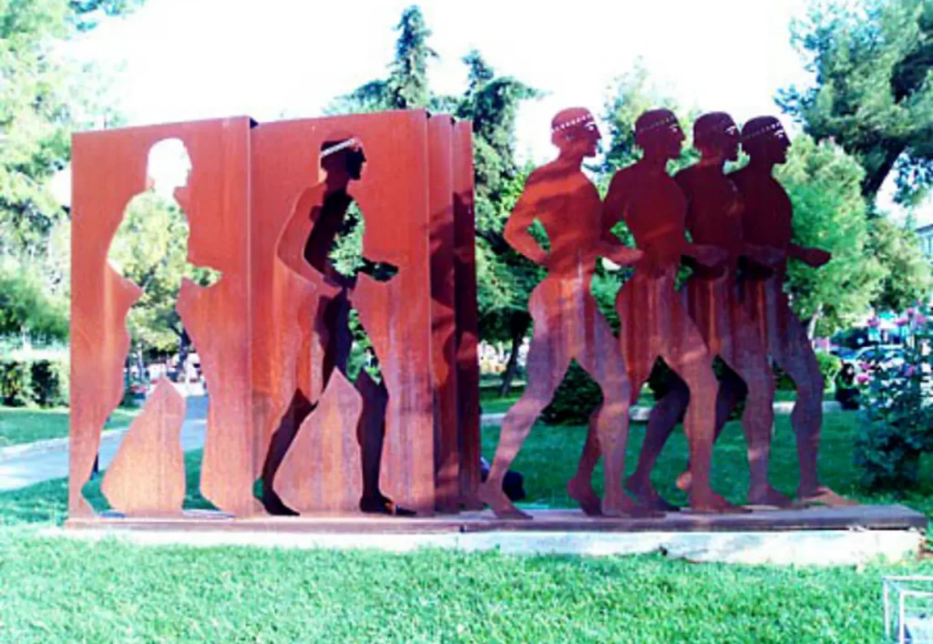The Runners sculpture by Theodoros Papagiannis beside Mesogeion Avenue in Agia Paraskevi