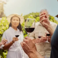 Visitors tasting red wine at a vineyard during a Greek wine festival