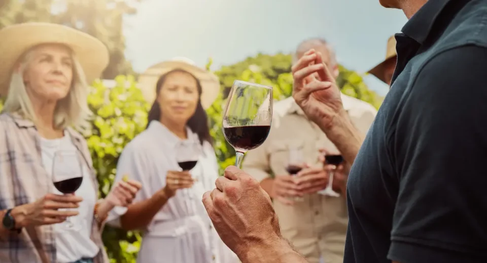 Visitors tasting red wine at a vineyard during a Greek wine festival
