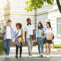 International students walking together across a university campus