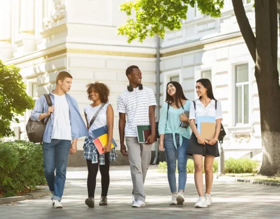 International students walking together across a university campus