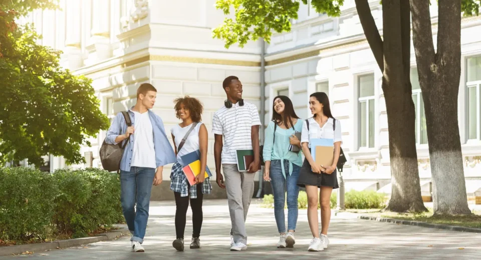 International students walking together across a university campus