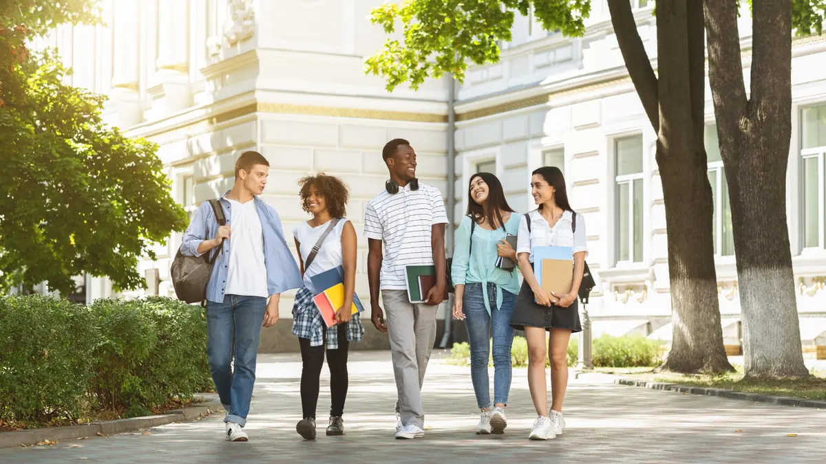 International students walking together across a university campus