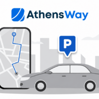 AthensWay logo above an illustration of a car, a smartphone map and a parking sign.