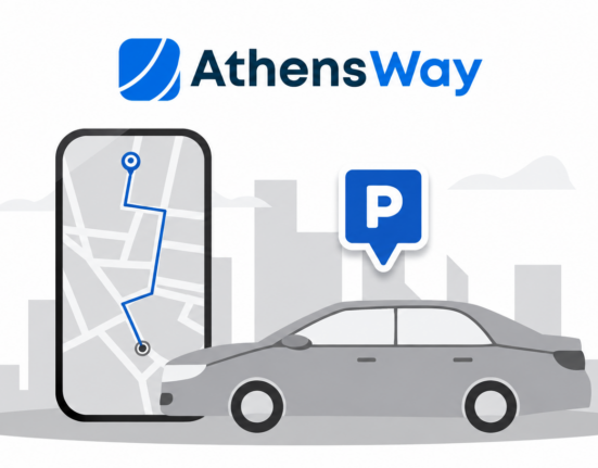 AthensWay logo above an illustration of a car, a smartphone map and a parking sign.