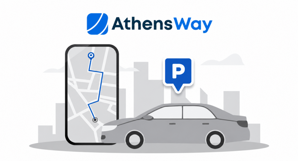 AthensWay logo above an illustration of a car, a smartphone map and a parking sign.