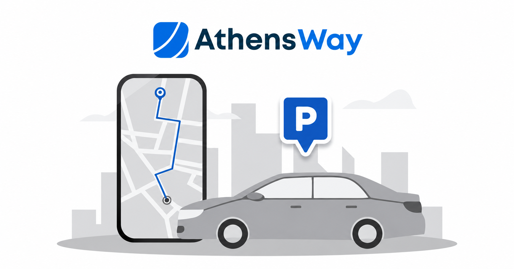 AthensWay logo above an illustration of a car, a smartphone map and a parking sign.