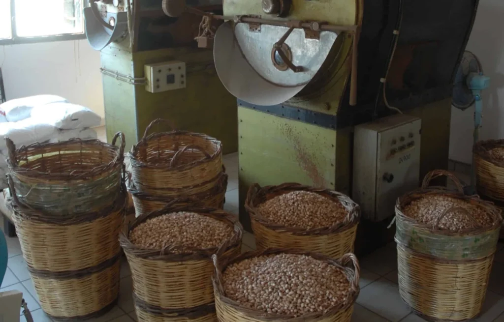 Wicker baskets containing pistachios beside roasting equipment.