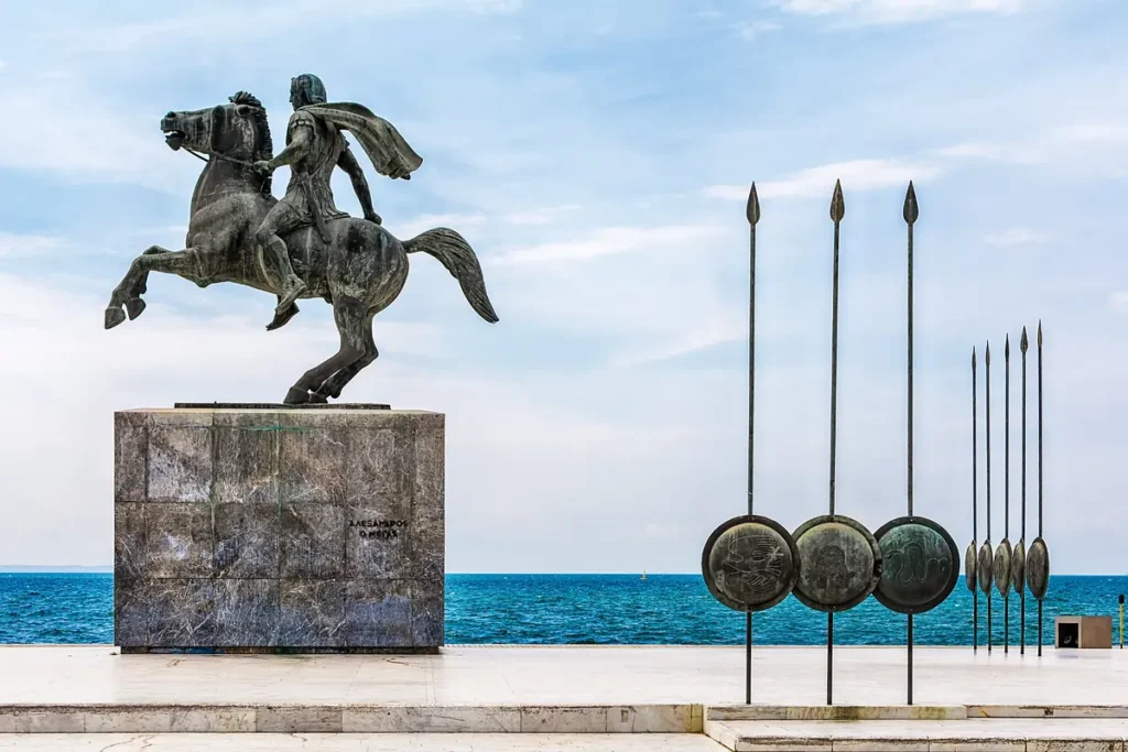 Statue of Alexander the Great on horseback beside the Thermaic Gulf in Thessaloniki.