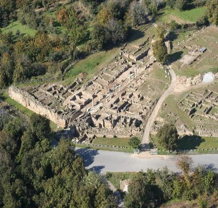 Aerial view of the archaeological site of Ancient Edessa at Longos