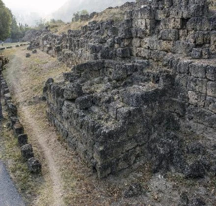 Ancient fortification walls at the archaeological site of Edessa in Longos