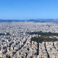 Panoramic view of residential buildings across Athens from Lycabettus Hill.