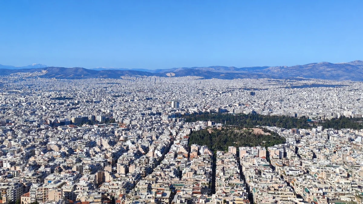 Panoramic view of residential buildings across Athens from Lycabettus Hill.