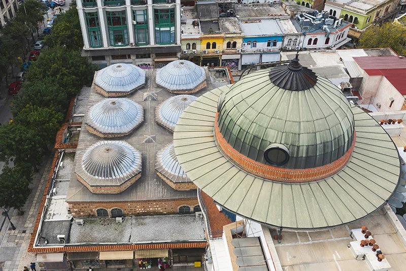 Aerial view of the Bezesteni market and Hamza Bey Mosque in Thessaloniki