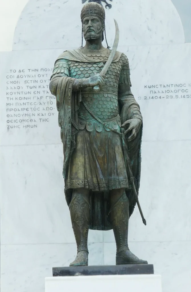 Statue of Constantine XI Palaiologos in the modern village of Mystras