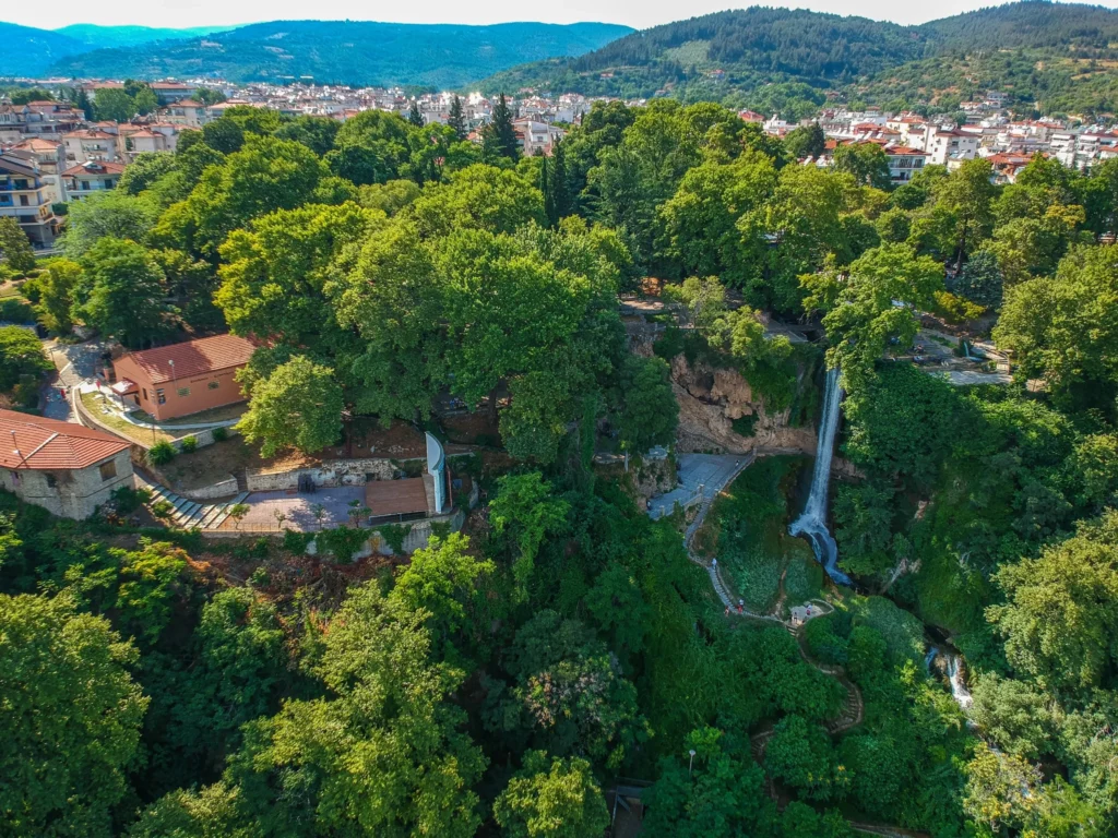 Aerial view of Edessa and Karanos Waterfall at the edge of the city in northern Greece