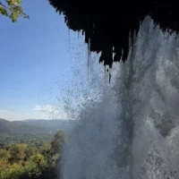 View from behind Karanos Waterfall in Edessa, Greece, overlooking the Macedonian plain.