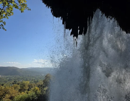 View from behind Karanos Waterfall in Edessa, Greece, overlooking the Macedonian plain.