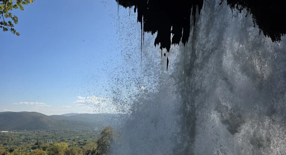 View from behind Karanos Waterfall in Edessa, Greece, overlooking the Macedonian plain.