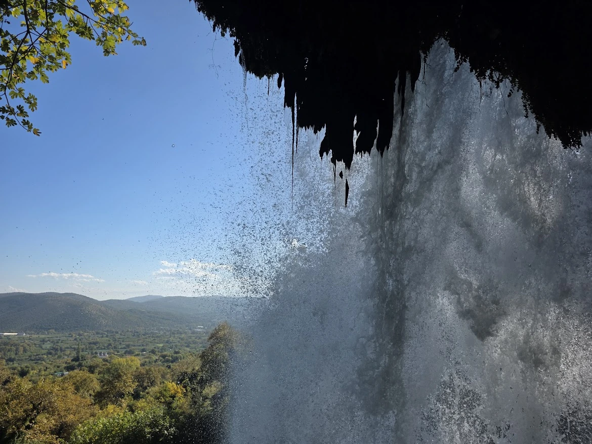 View from behind Karanos Waterfall in Edessa, Greece, overlooking the Macedonian plain.