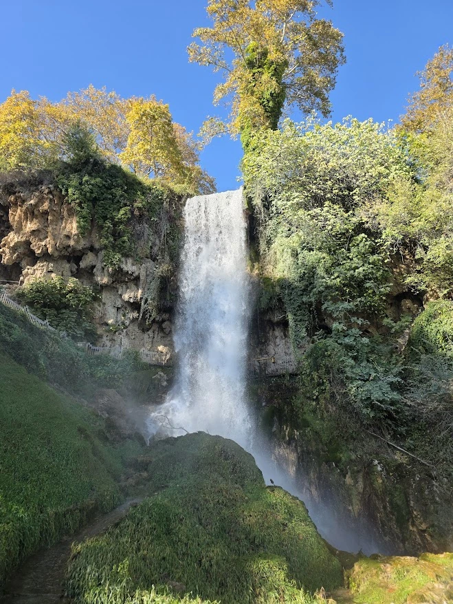 Karanos Waterfall from the lower viewing level in Edessa where visitors can stand with the falls behind them