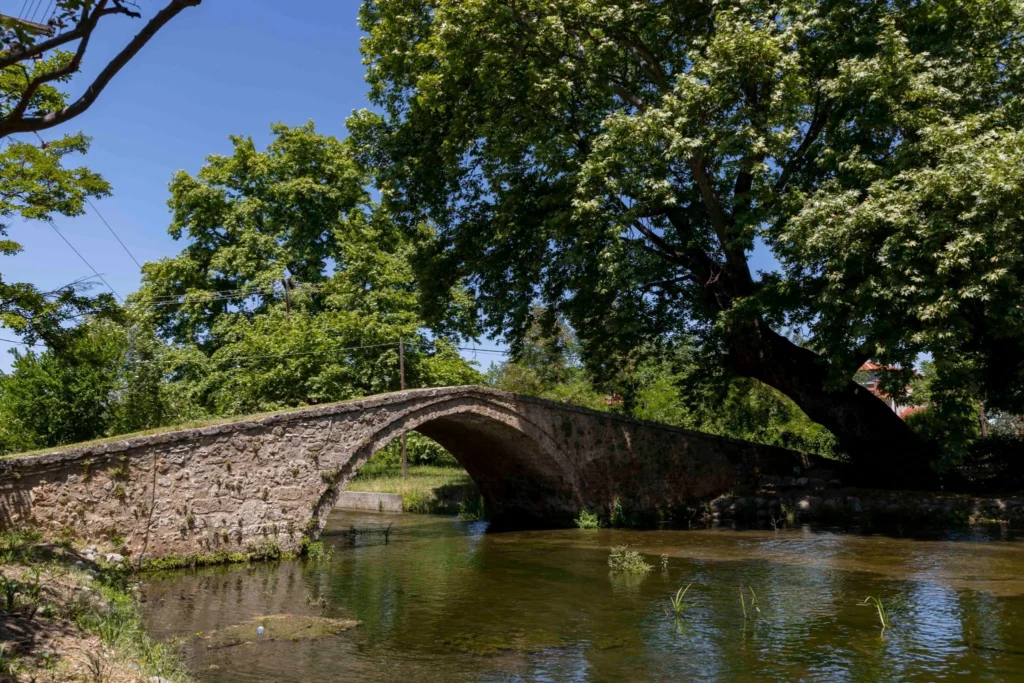 Stone Kiupri Bridge crossing the Edessaios River beneath plane trees in Edessa