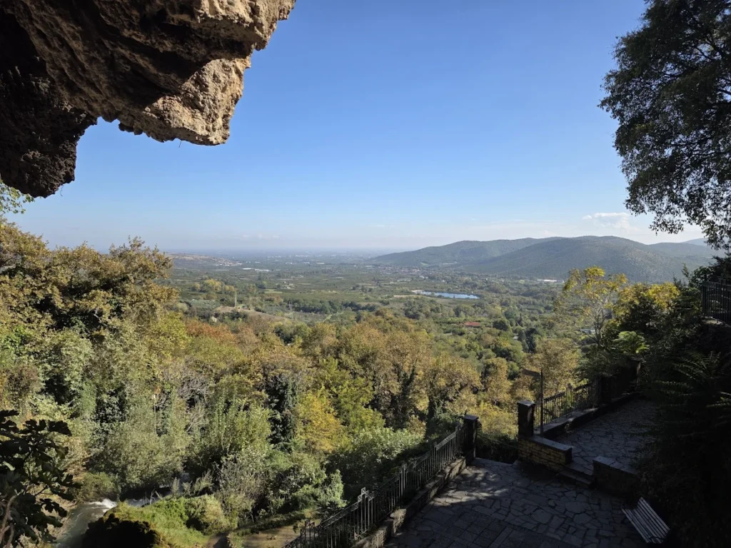 View across the Macedonian plain from the lower path towards the waterfall cave in Edessa