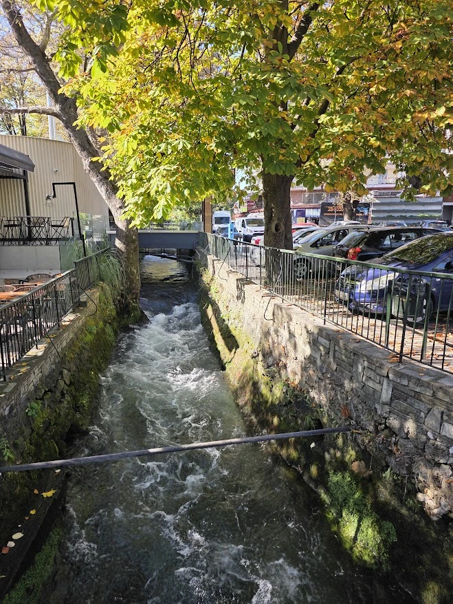 Water flowing through channels in Edessa Waterfall Park