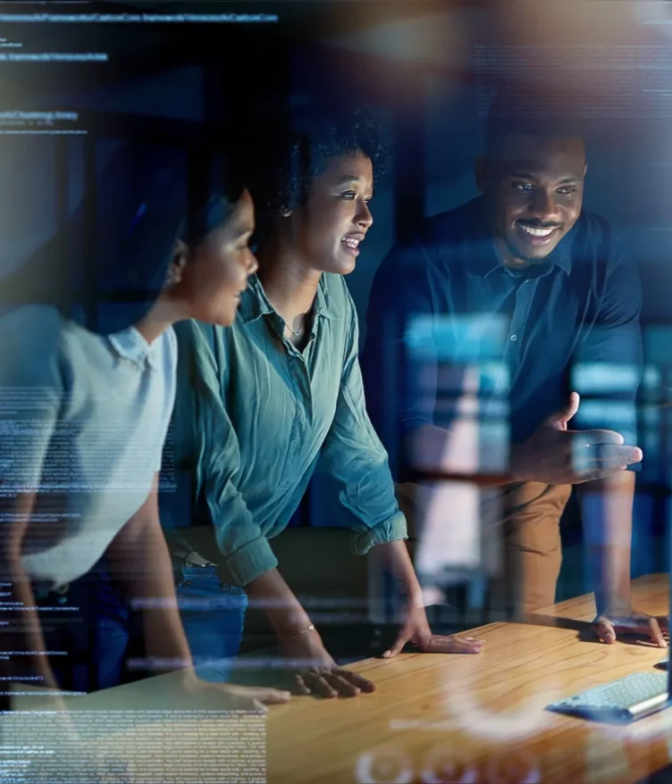 International technology professionals collaborating in a modern workplace
