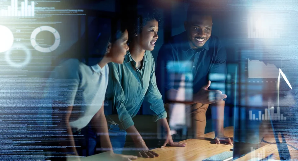 International technology professionals collaborating in a modern workplace