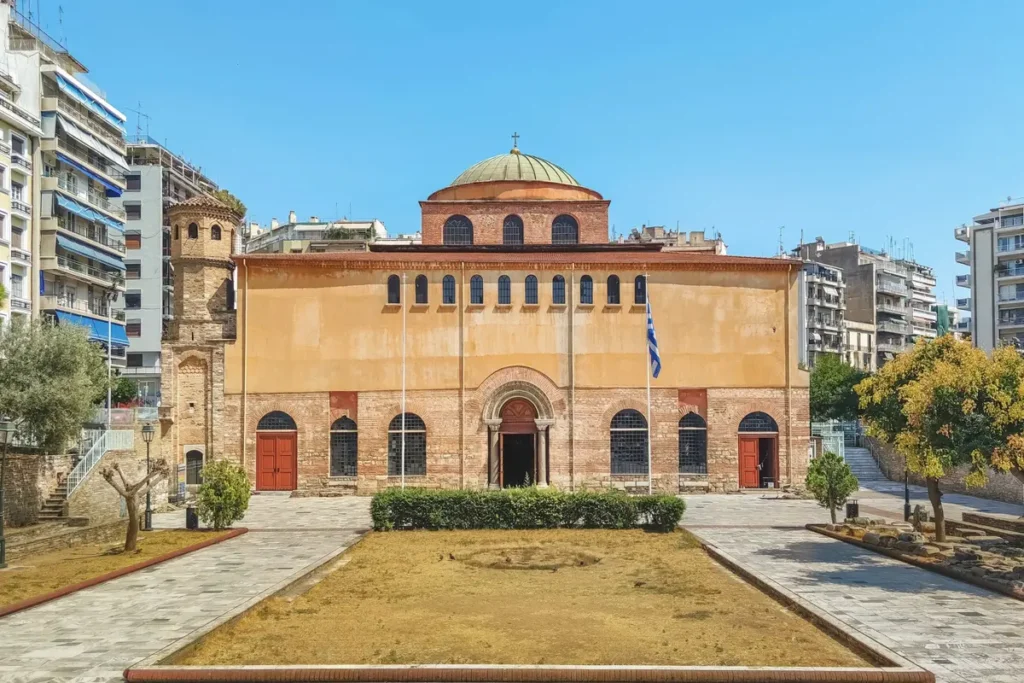 Exterior of the Byzantine Church of Hagia Sophia in central Thessaloniki