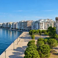 White Tower of Thessaloniki overlooking the waterfront and Thermaic Gulf