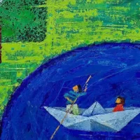Two figures travelling in a paper boat across a vivid blue river, from the Korea–Greece anniversary exhibition publicity.