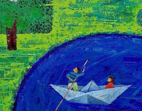 Two figures travelling in a paper boat across a vivid blue river, from the Korea–Greece anniversary exhibition publicity.