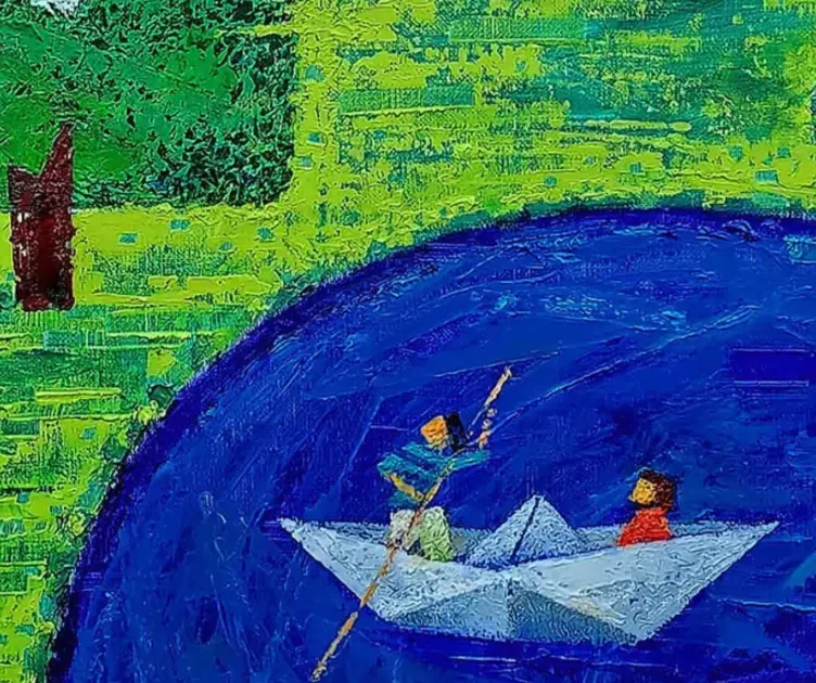 Two figures travelling in a paper boat across a vivid blue river, from the Korea–Greece anniversary exhibition publicity.