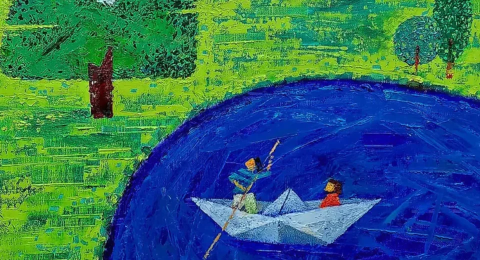 Two figures travelling in a paper boat across a vivid blue river, from the Korea–Greece anniversary exhibition publicity.