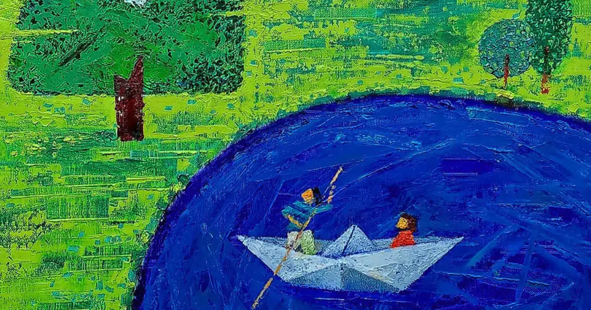 Two figures travelling in a paper boat across a vivid blue river, from the Korea–Greece anniversary exhibition publicity.