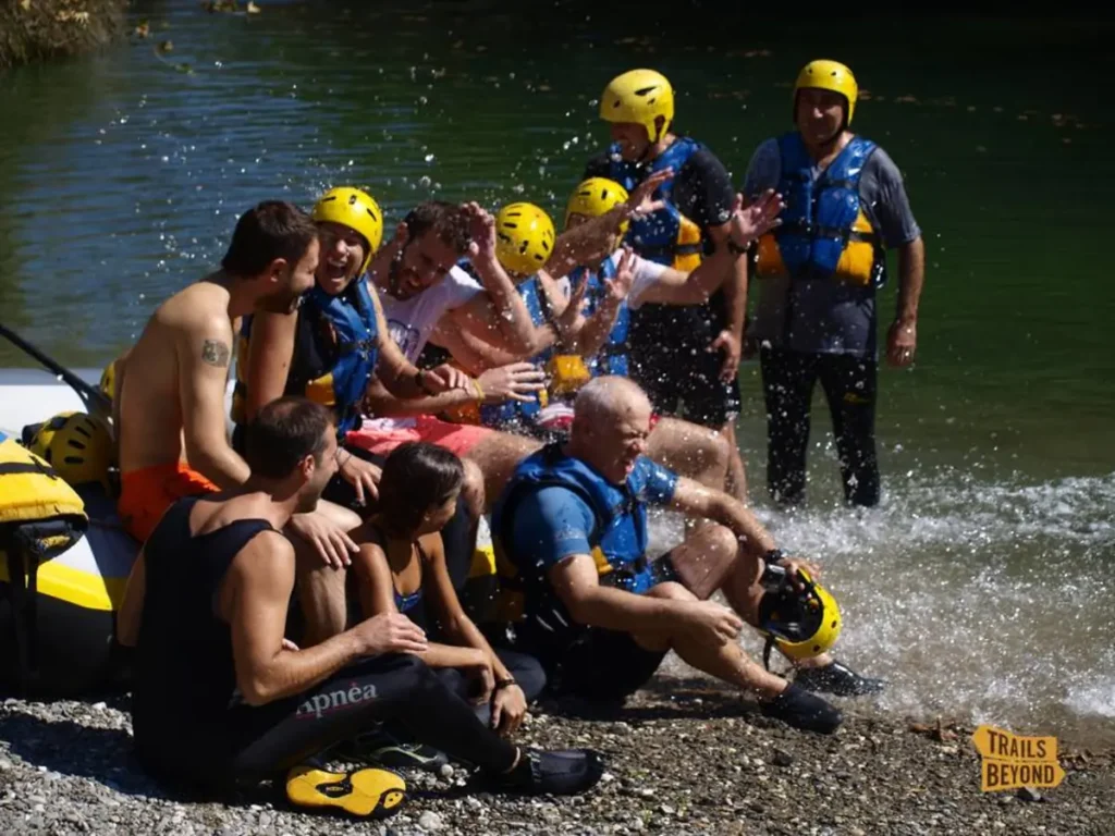 Group of travellers enjoying a rafting excursion on the Lousios River