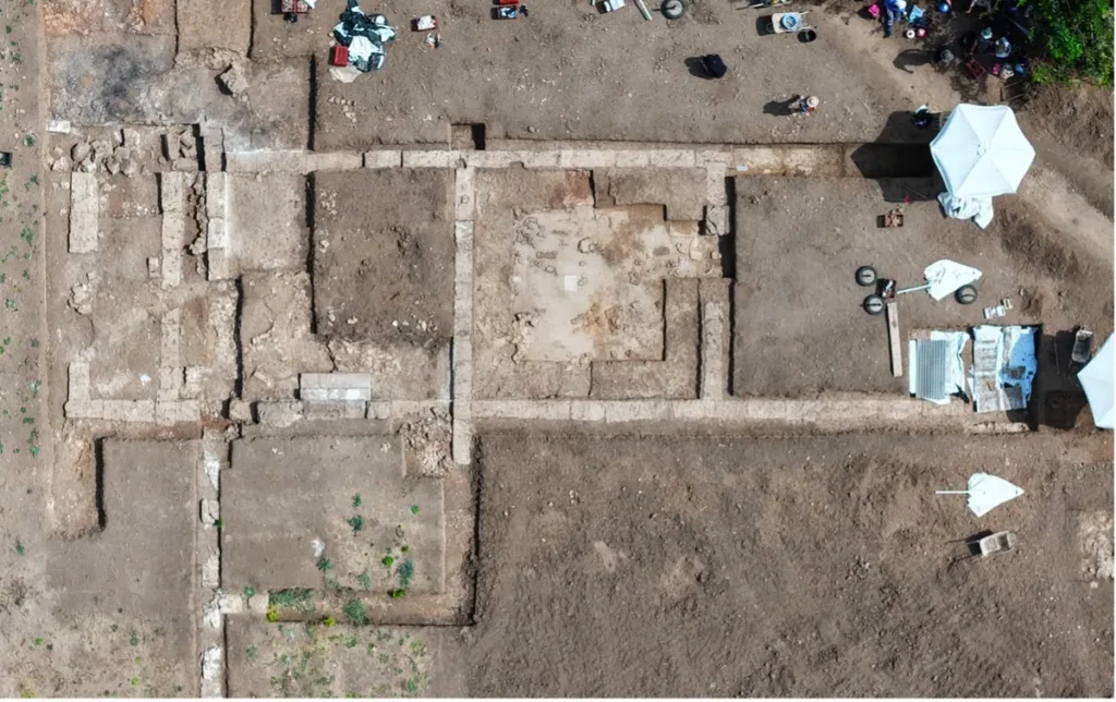 Aerial view of the three-part complex uncovered at the Royal Gymnasium of ancient Mieza.