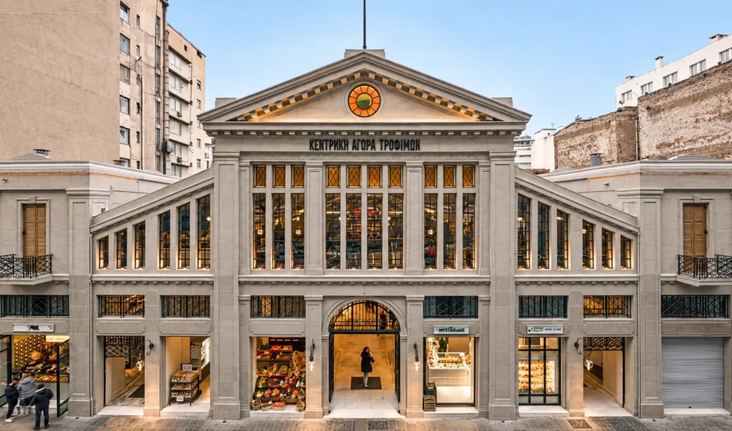 Restored façade of Modiano Market in central Thessaloniki
