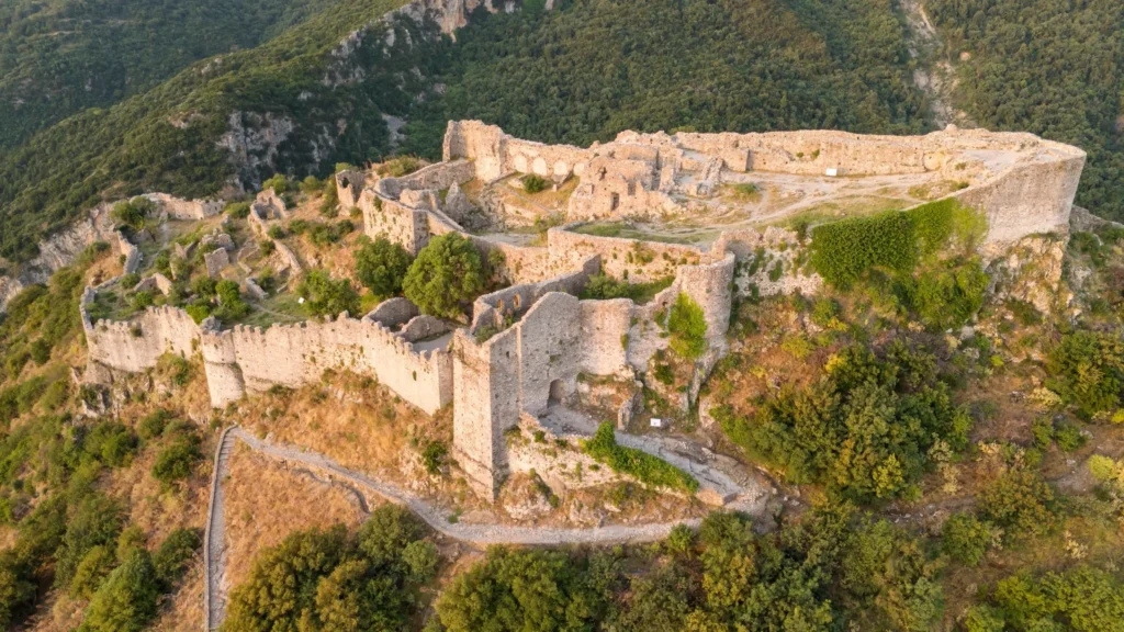Aerial view of the summit citadel and fortifications of Mystras