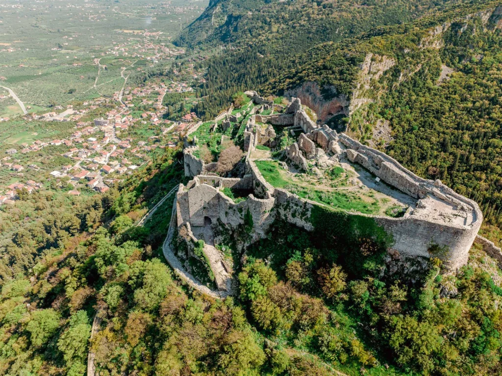 Aerial view of the citadel of Mystras and the Eurotas valley below.