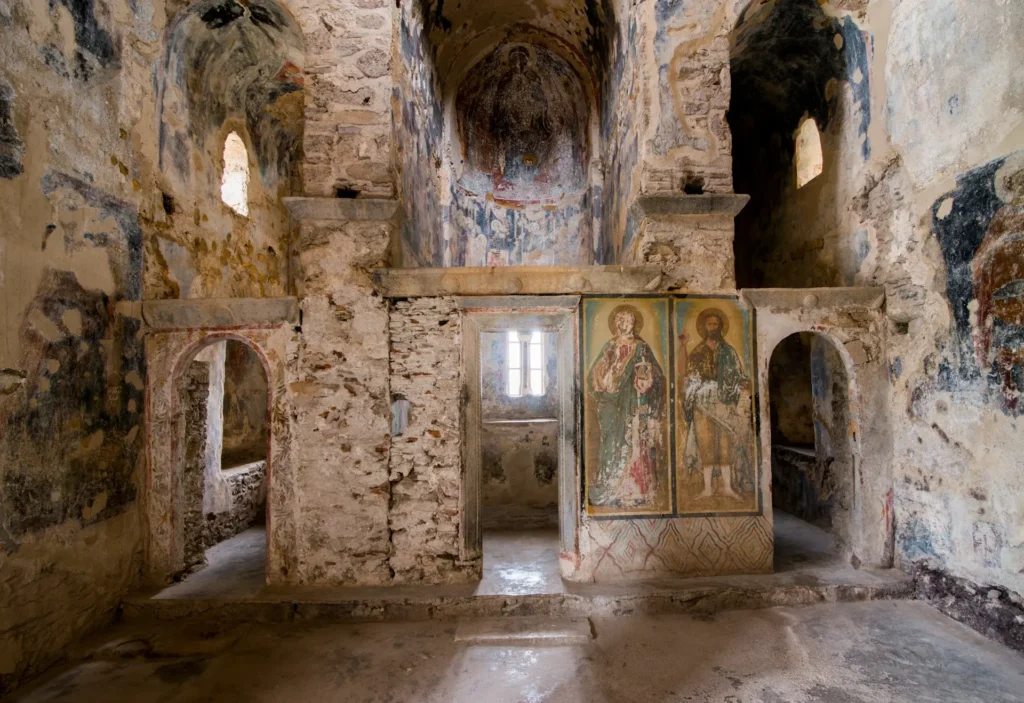 Interior and surviving wall paintings of the Evangelistria church in Mystras
