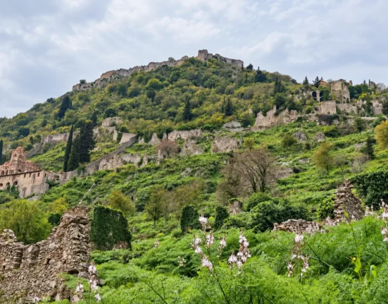 The Byzantine castle city of Mystras on the slopes of Mount Taygetos.