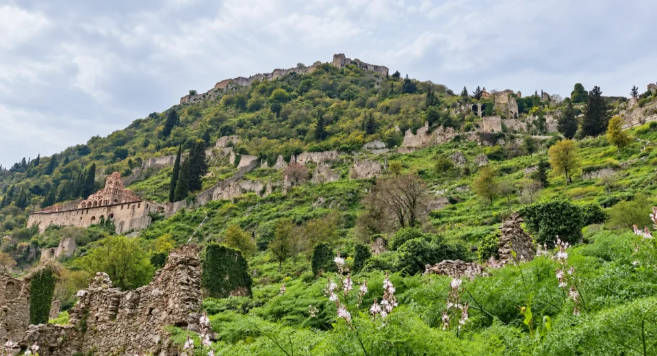 The Byzantine castle city of Mystras on the slopes of Mount Taygetos.