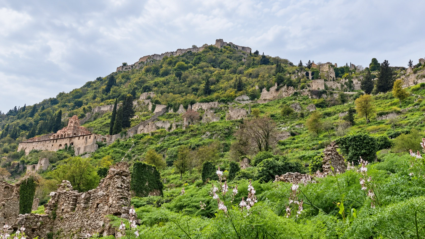 The Byzantine castle city of Mystras on the slopes of Mount Taygetos.
